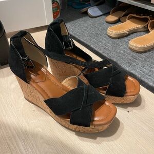 Black Faux Suede Strappy Cork Wedge